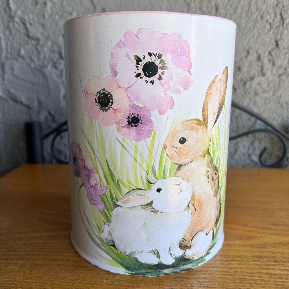 Floral Bunny Utensil Tin Crock - Pink & White